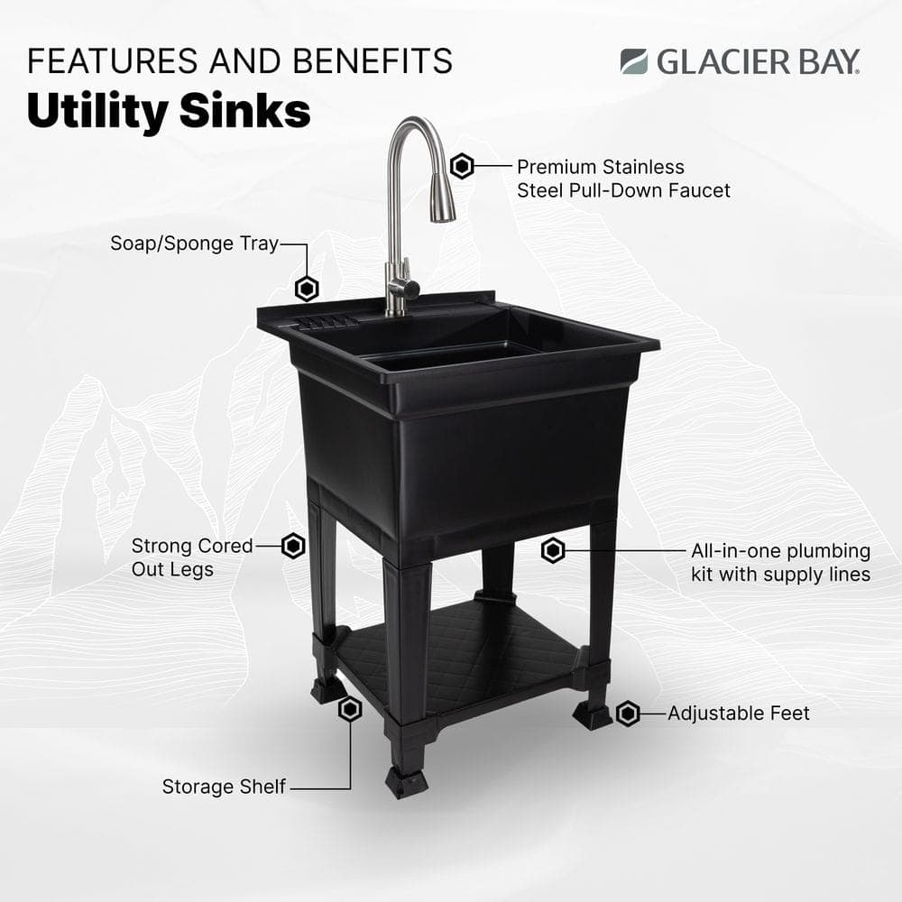 Glacier Bay 24 in. W x 24 in. D x 35 in. H Freestanding Laundry/Utility Sink in Black with Stainless Steel Pull-Down Faucet (4)