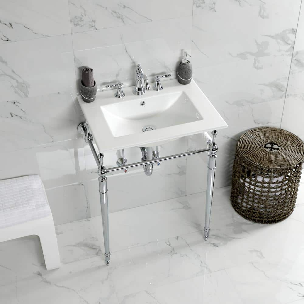 Kingston Brass Edwardian 24 in. Ceramic Console Sink Set with Brass Legs in White/Polished Chrome (3)