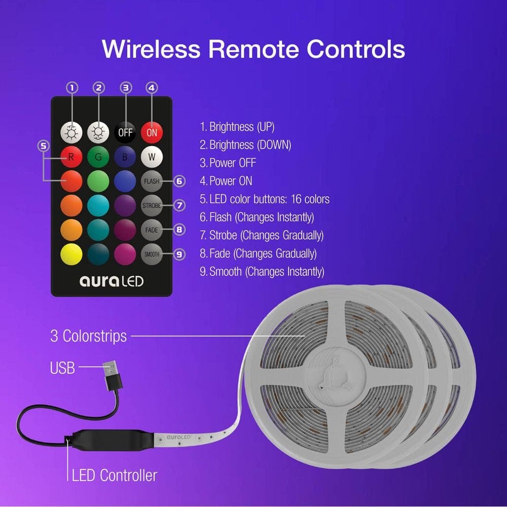 auraLED 48 ft. USB Plug-in. Dimmable Cuttable Color Changing Integrated LED Strip Light (3)