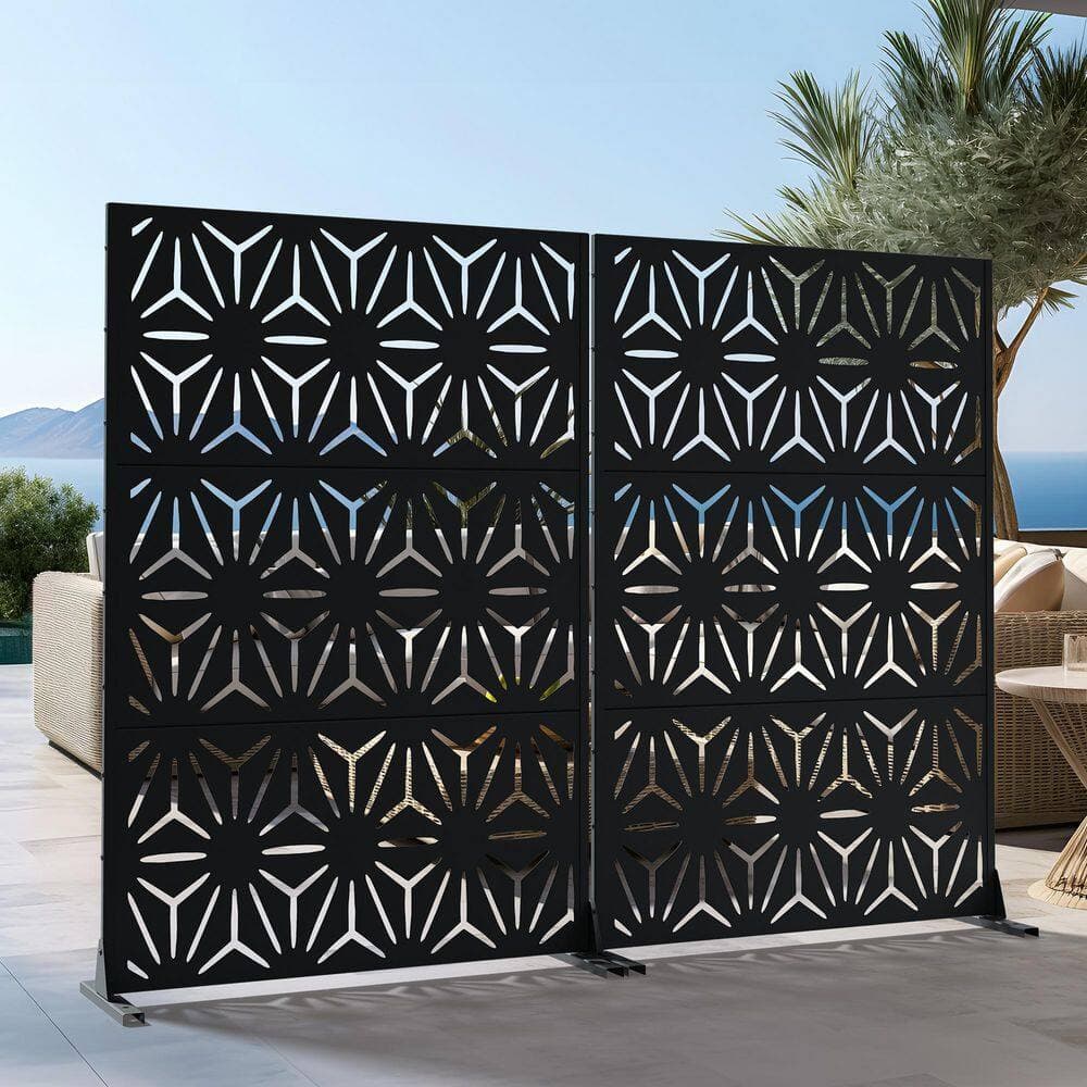 Lumioca 1-Piece 46.8 in. W x 71.37 in. H Black Star Shaped Metal Outdoor Privacy Screen Garden Screen Decorative Art Panel (2)