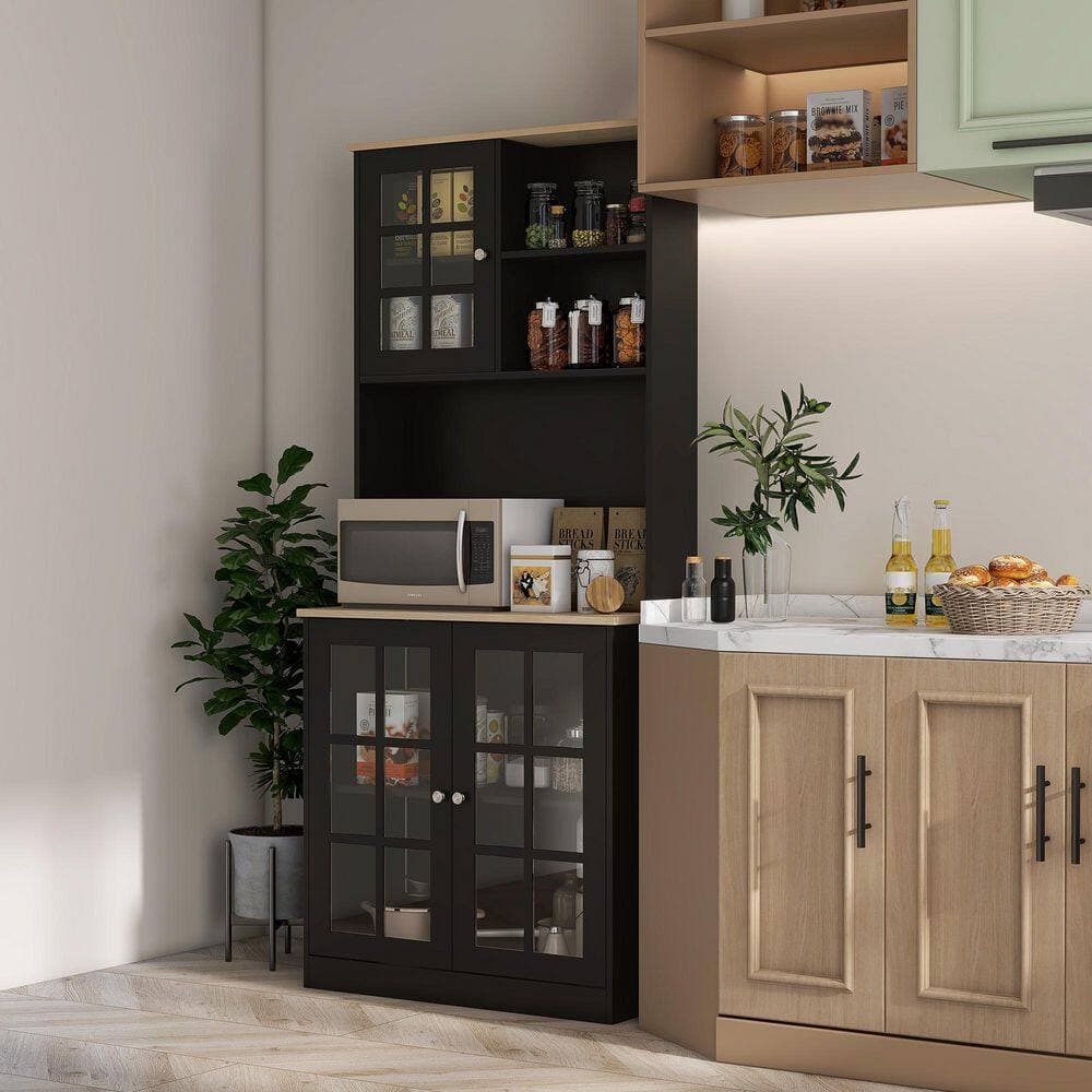 Tahanbath 14.50 in. W x 31.50 in. D x 72 in. H Black Wood Freestanding Linen Cabinet with Glass Doors and Shelves in Black (2)