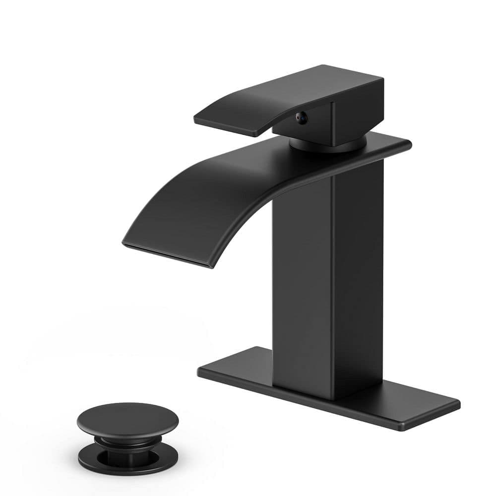 LAIFUCAM 1-Piece Single Handle Bathroom Sink Faucet with Deck Plate and Hose in Matte Black Waterfall Quiet Flow (1)