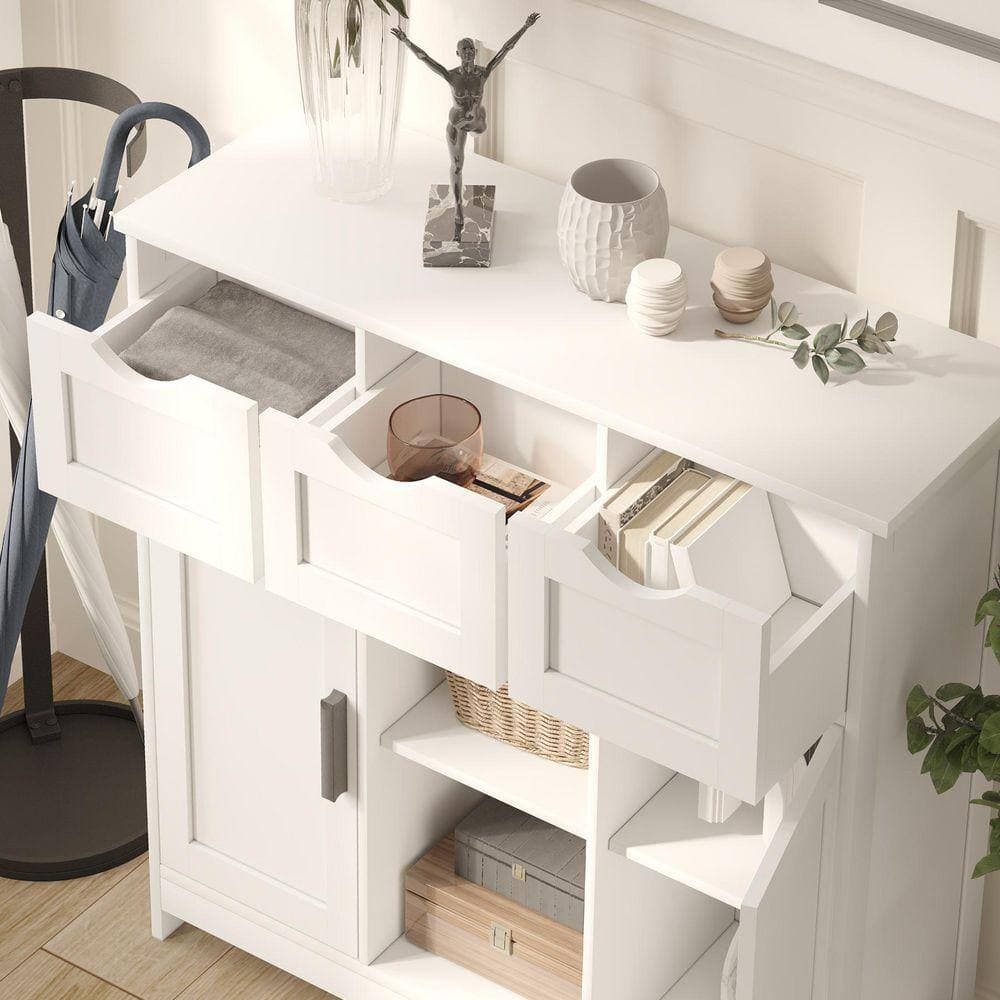 XUJMK 31 in. W x 35 in. D x 12 in. H White Linen Cabinet, Storage Cabinet with Drawers and Shelves, Bathroom/Living/Bedroom (3)