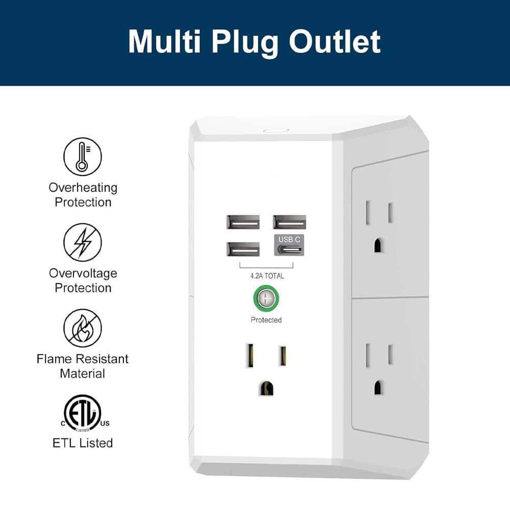 Yichuhaoxi 4-Outlet Multi Plug with 4 USB-A Ports 0 USB-C Ports Surge Protector for Home Office ETL Listed White (3)
