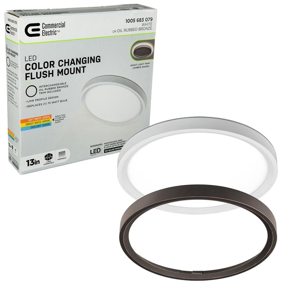 Commercial Electric 13 in. White, Oil Rubbed Bronze Trims 1350 Lumens LED Flush Mount Ceiling Light Fixture with Night Light Adjustable CCT (2)