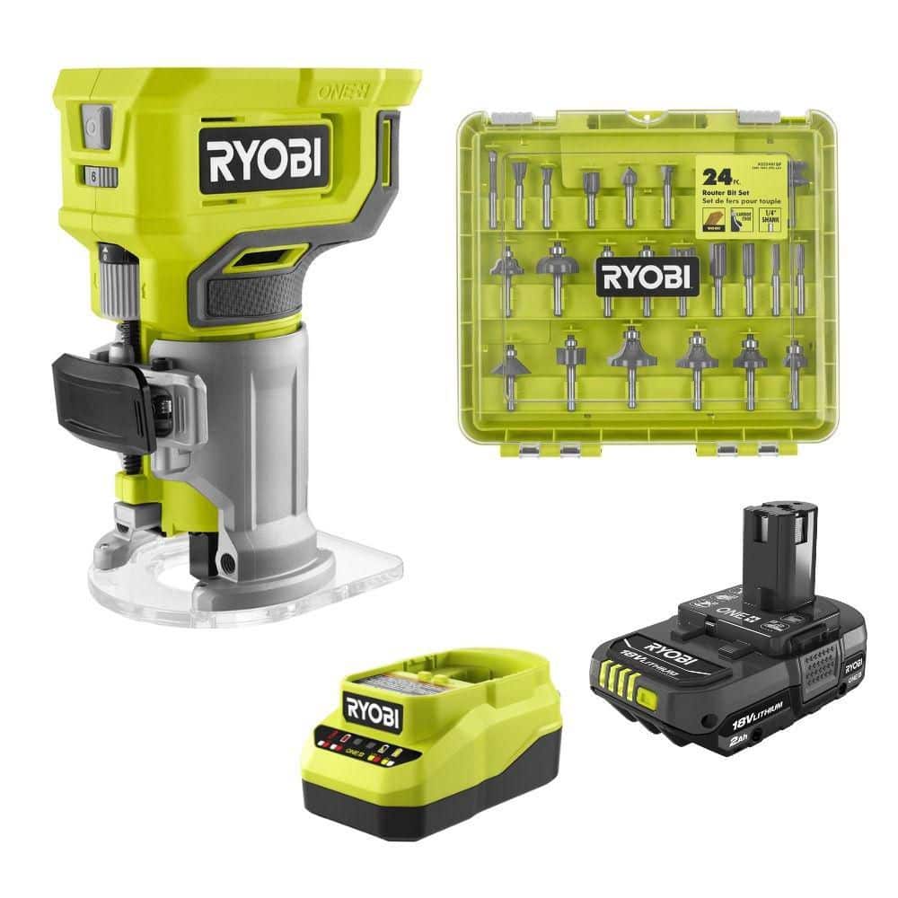 RYOBI ONE+ 18V Cordless Compact Router Kit with 2.0 Ah Battery, Charger, and 24-Piece Router Bit Set