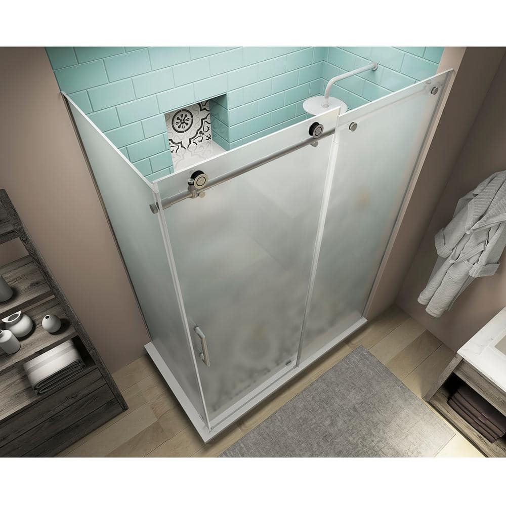 Aston Coraline XL 64 in. - 68 in. x 38 in. x 80 in. Frameless Corner Sliding Shower Enclosure Frosted Glass in Stainless Steel (2)