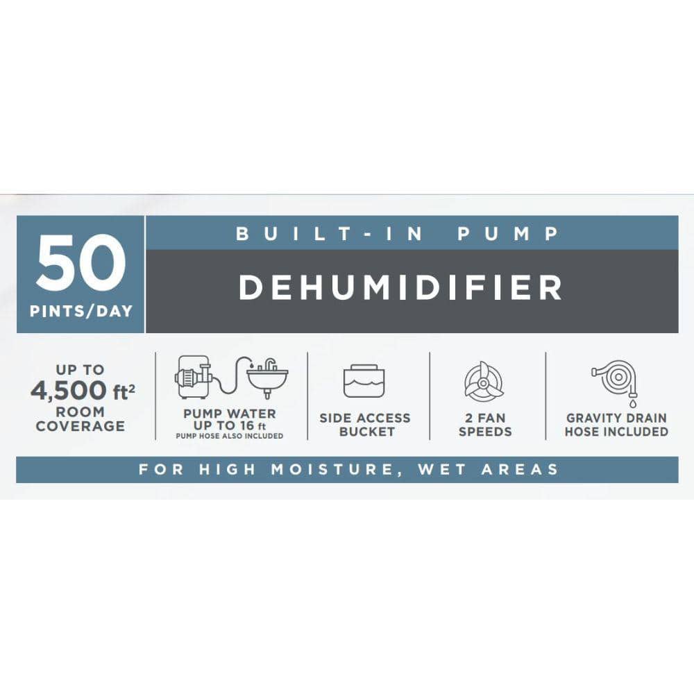 Vissani 50 pt. Dehumidifier with Pump up to 4,500 sq. ft. ENERGY STAR for Basement, Garage, or Wet Rooms in White (4)