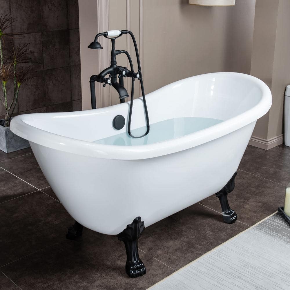WOODBRIDGE Topeka 59 in. Heavy Duty Acrylic Slipper Clawfoot Bath Tub in White Faucet, Claw Feet, Drain & Overflow in Matte Black (3)