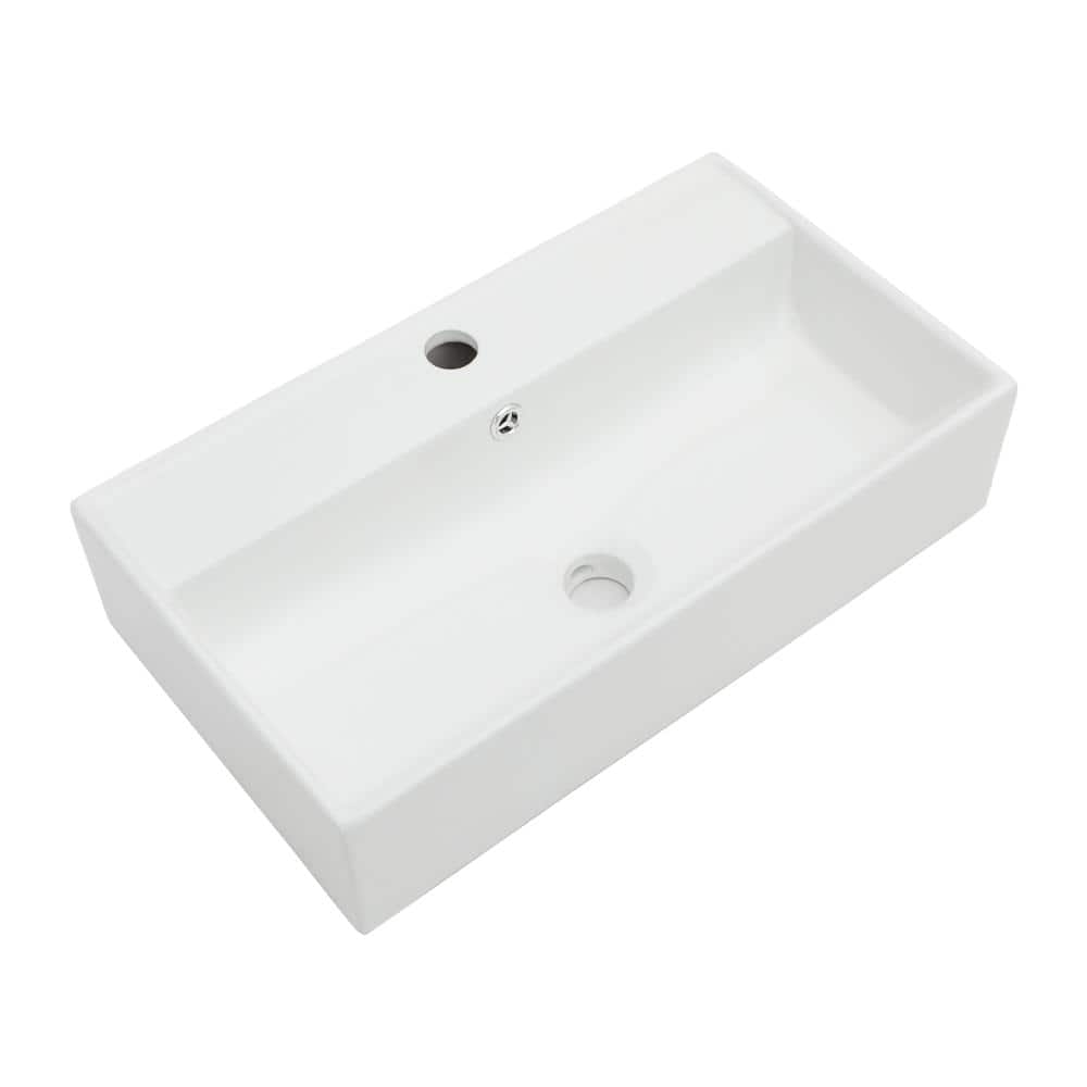 Kichae 21 x 12 Inch Rectangular White Ceramic Wall Mounted Bathroom Sink with Pre-Drilled Overflow and Faucet Hole (2)
