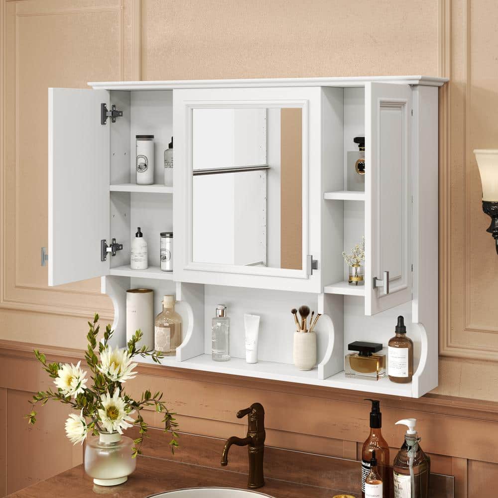 COWLOWN 35 in. W x 7.3 in. D x 28.7 in. H Wall Mount Bathroom Storage Wall Cabinet in White, Mirror Cabinet with Open Shelves (3)