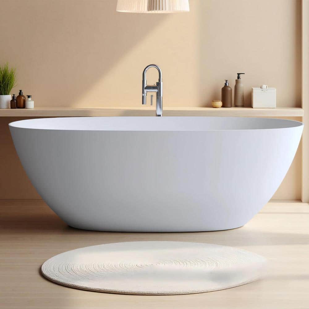 Cuschoice Inch Solid Surface Freestanding Bathtub, Stone Resin Soaking Tub,Thick Edge, Pop-Up Drain,Overflow Included