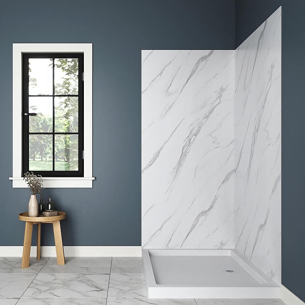 Streamline DSH-1220-118 36 in. L x 48 in. W x 76 in. H 2-Piece Glue-Up Corner Shower Wall Surround in White Marble Finish (2)