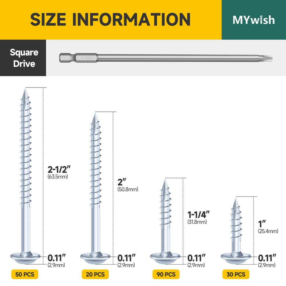 MYWISH #8 x 1 in. to 2-1/2 in. Square Washer Head Pocket-Hole Wood Screw Kit (190-Pack) (2)
