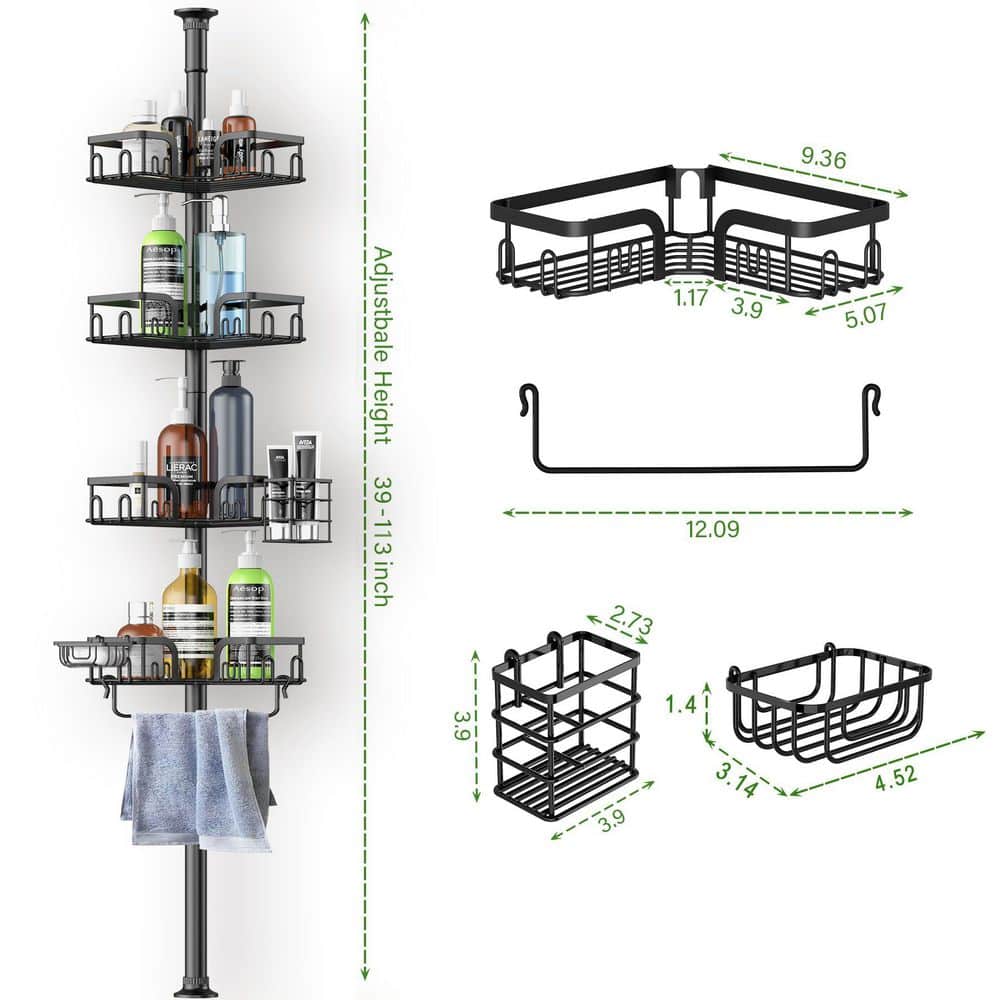 Wudkey Corner Tension Pole 4-Tier Adjustable Stainless Steel Shower Caddy with Towel Bar and Hooks in Black (2)