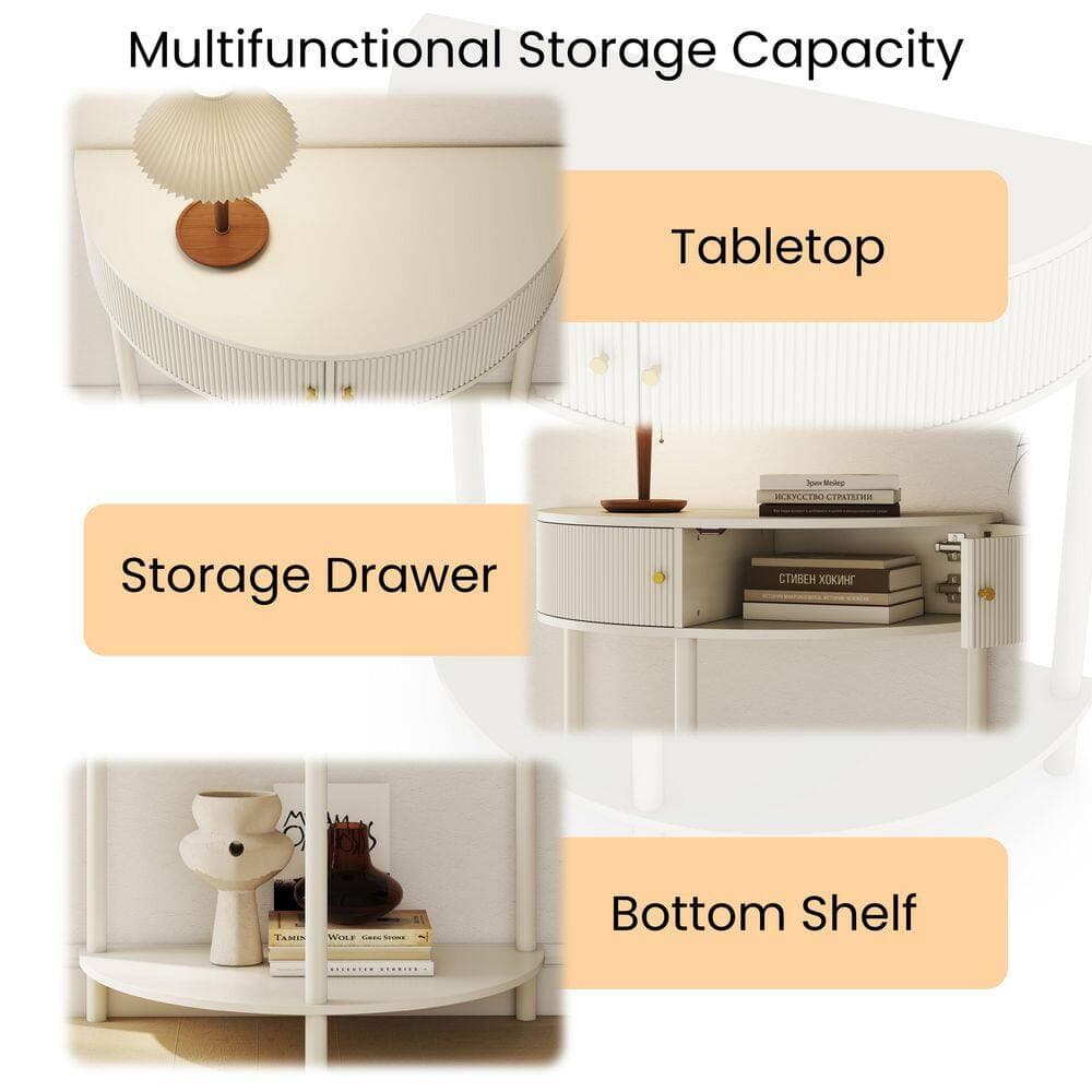 Lycvki 31.50 in. W 32.30 in. H x 15.75 in. D Wood Half Round Shelf in Cream White with 2 Storage Drawers and Bottom Shelf (3)