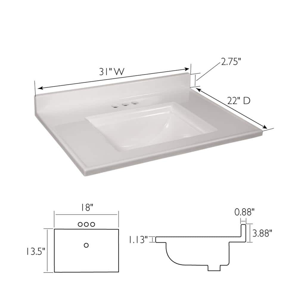 Design House Camilla 31 in. W 22 in. D Cultured Marble White Rectangular Single Sink Bathroom Vanity Top (3)
