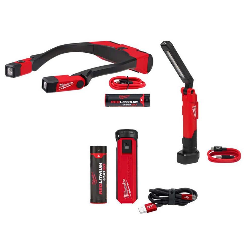 Milwaukee 400 Lumens LED REDLITHIUM Rechargeable Neck Light and 550 Lumens LED USB Stick Light with USB Power Source Kit