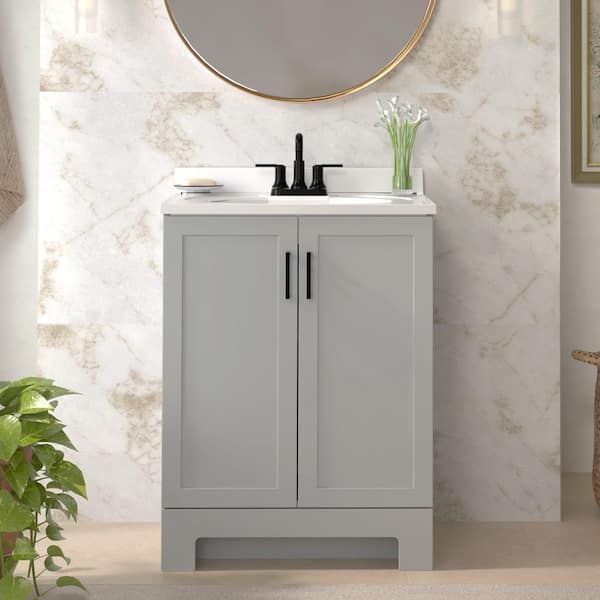 Glacier Bay Oakley 25 in. Single Sink Pearl Gray Freestanding Bath Vanity with White Cultured Marble Top (Assembled)