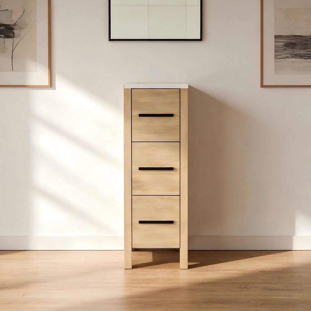 ANGELES HOME 12 in. W x 22 in. D x 32 in. H Brown Linen Cabinet with Wood Grain Finish, Soft-close Drawers, Granite Countertop in Oak (2)