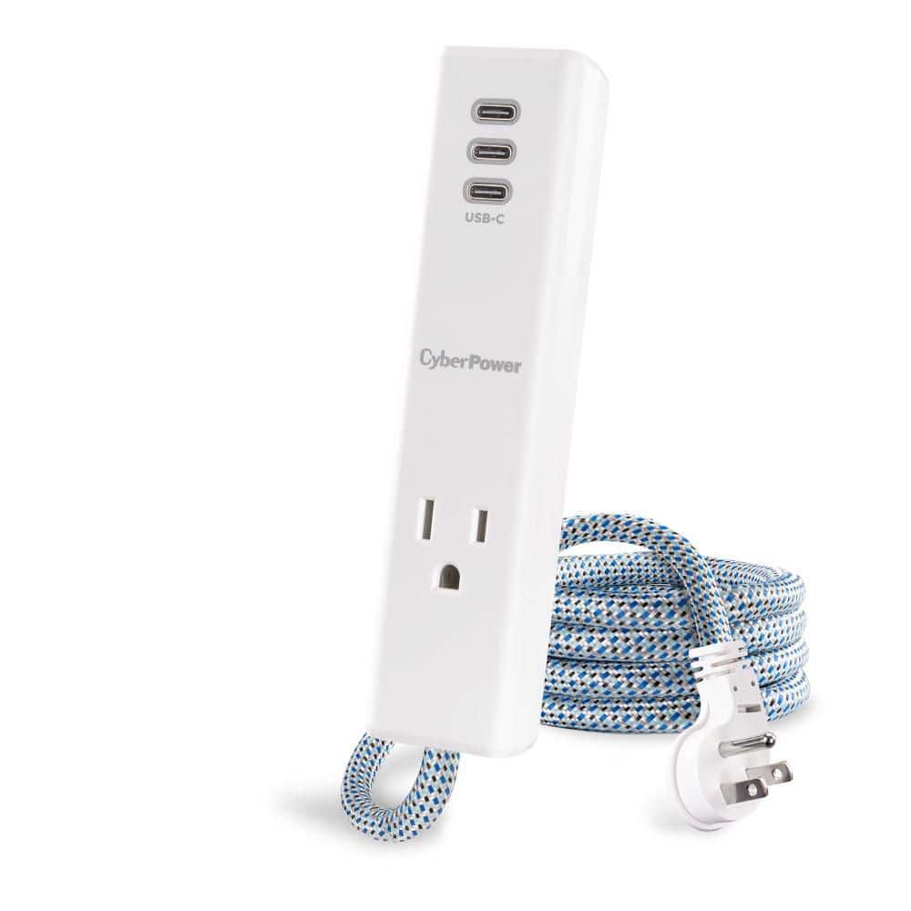 CyberPower 1-Outlet Surge Protector with 3 USB-C Ports, 4 ft. Braided Cord, 350-Joule, White (2)