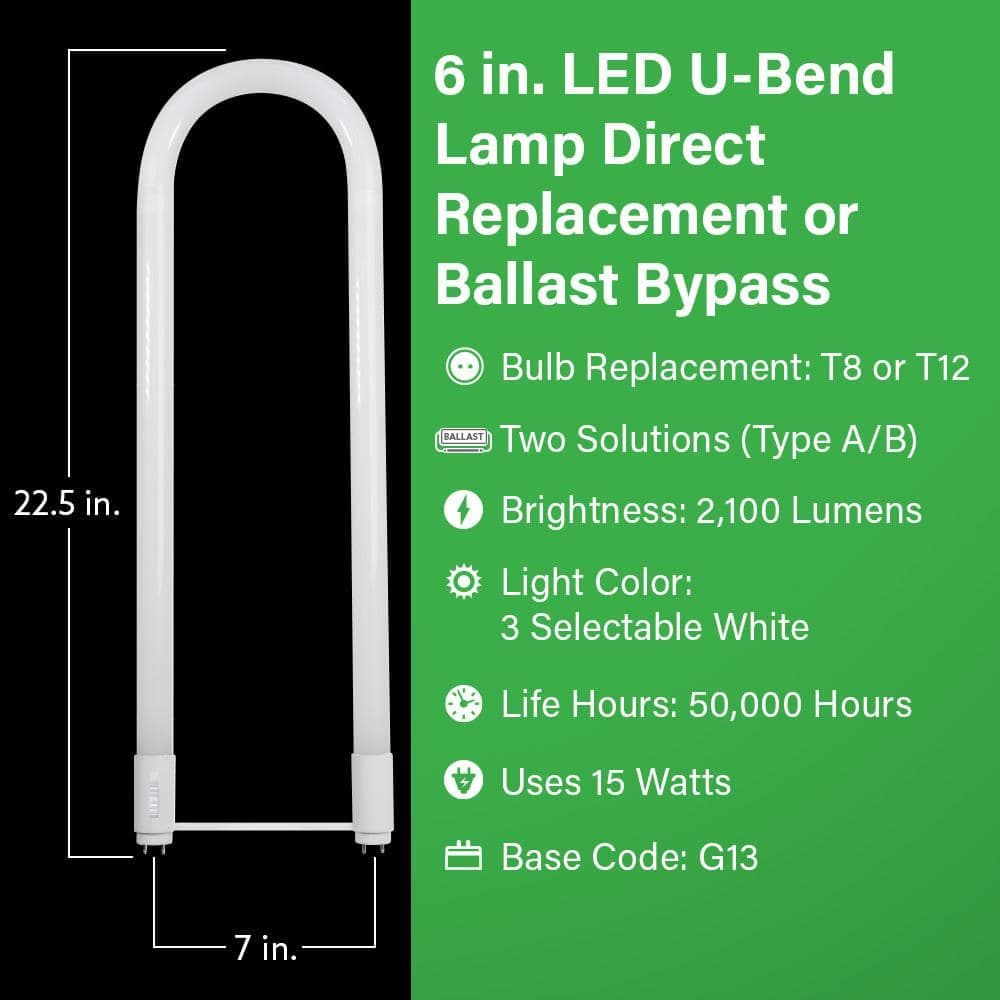 Feit Electric 15-Watt 6 in. T8 G13 Type AB Plug and Play and Ballast Bypass Linear U-Bend LED Tube Light Bulb, Selectable White (3)