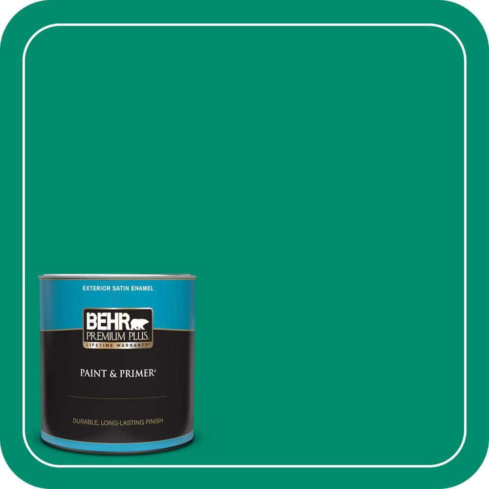 BEHR PREMIUM PLUS 1 qt. #S-G-470 Festive Green Satin Enamel Exterior Paint & Primer