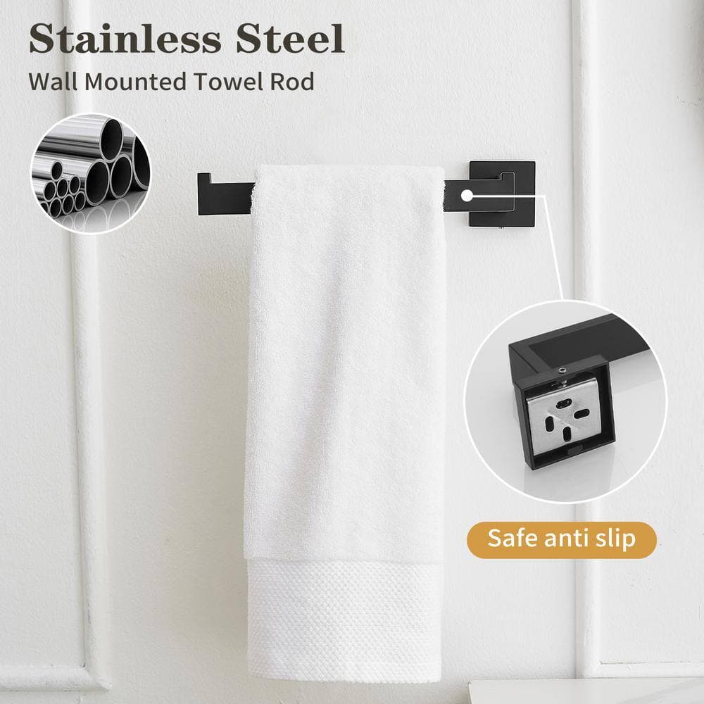 HOMEMYSTIQUE 4-Piece Bathroom Hardware Set with Toilet Paper Holder, Towel Bar/Rack, Towel/Robe Hook, Towel Ring in Matte Black (3)