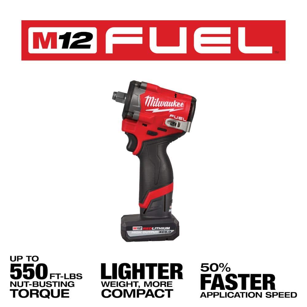 Milwaukee M12 FUEL 12V Li-Ion Brushless Cordless Stubby 1/2 in. Impact Wrench Kit w/ 5. 0Ah, 2. 5Ah High Output Batteries & Light (3)