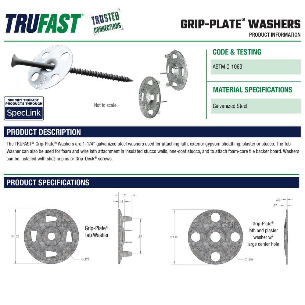 TruFast 1.25 in. Grip-Plate Metal Steel Tab Prong Washer for Lath Plaster Stucco 1000 EA Silver (2)