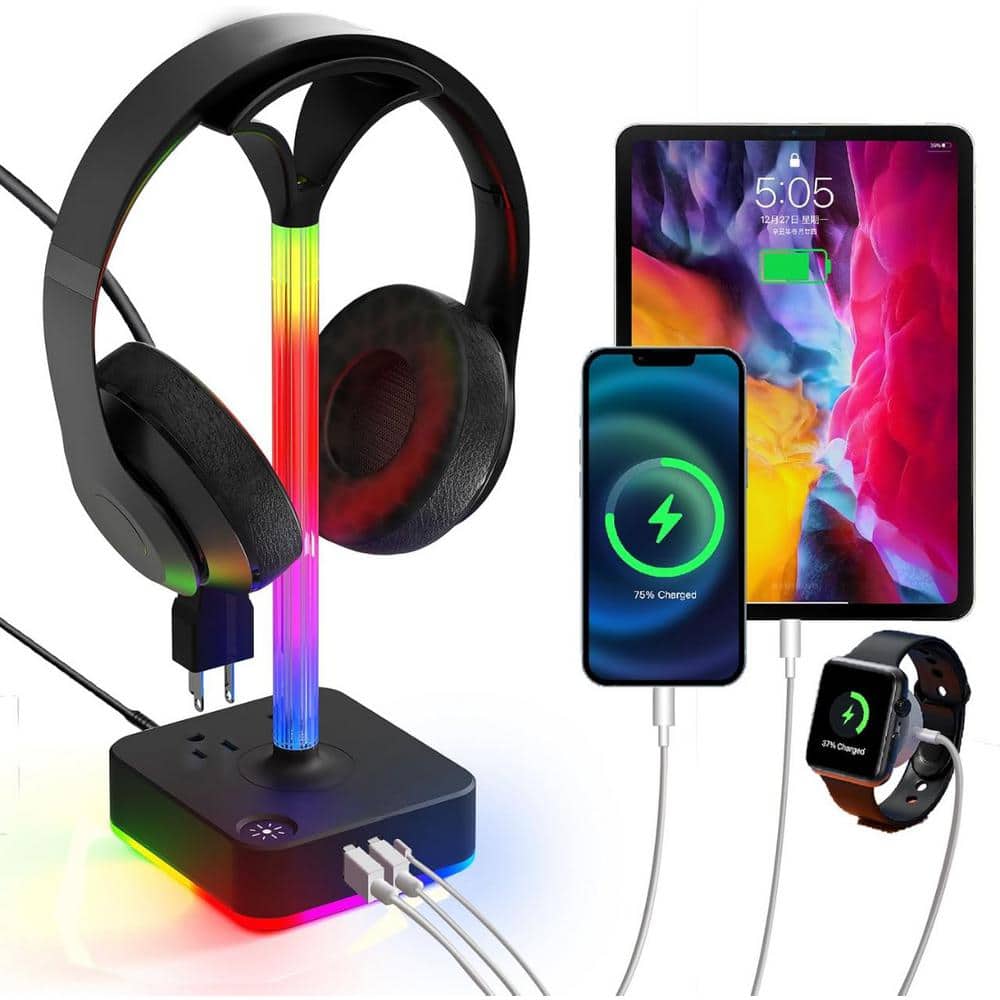 Ahfiwaso 2-Outlet RGB Headphone Stand with 3 USB Port, and 9 Light Modes in Black