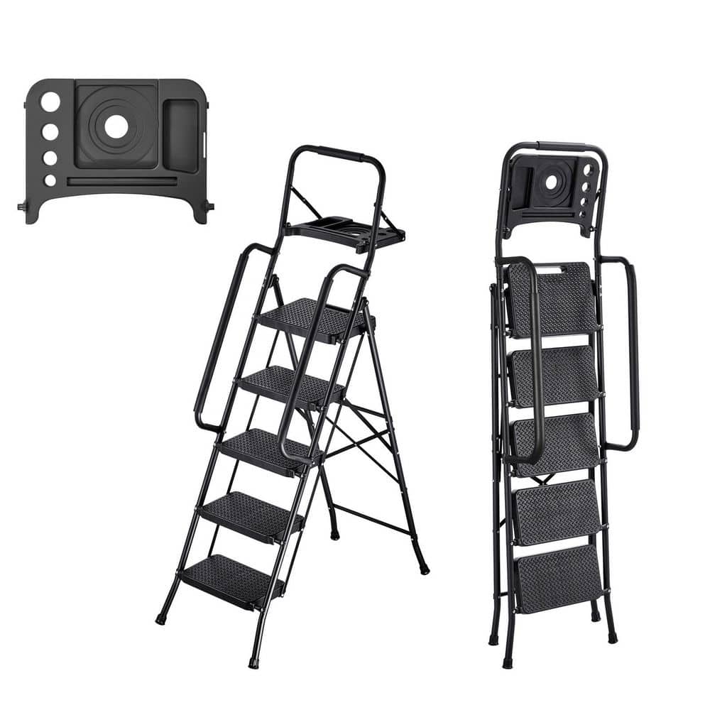 VEVOR 5 Step Ladder, Folding Step Stool with Wide Anti-Slip Pedal, Tool Tray, Dual Side Handrails, 600 lbs. Load Steel Ladder