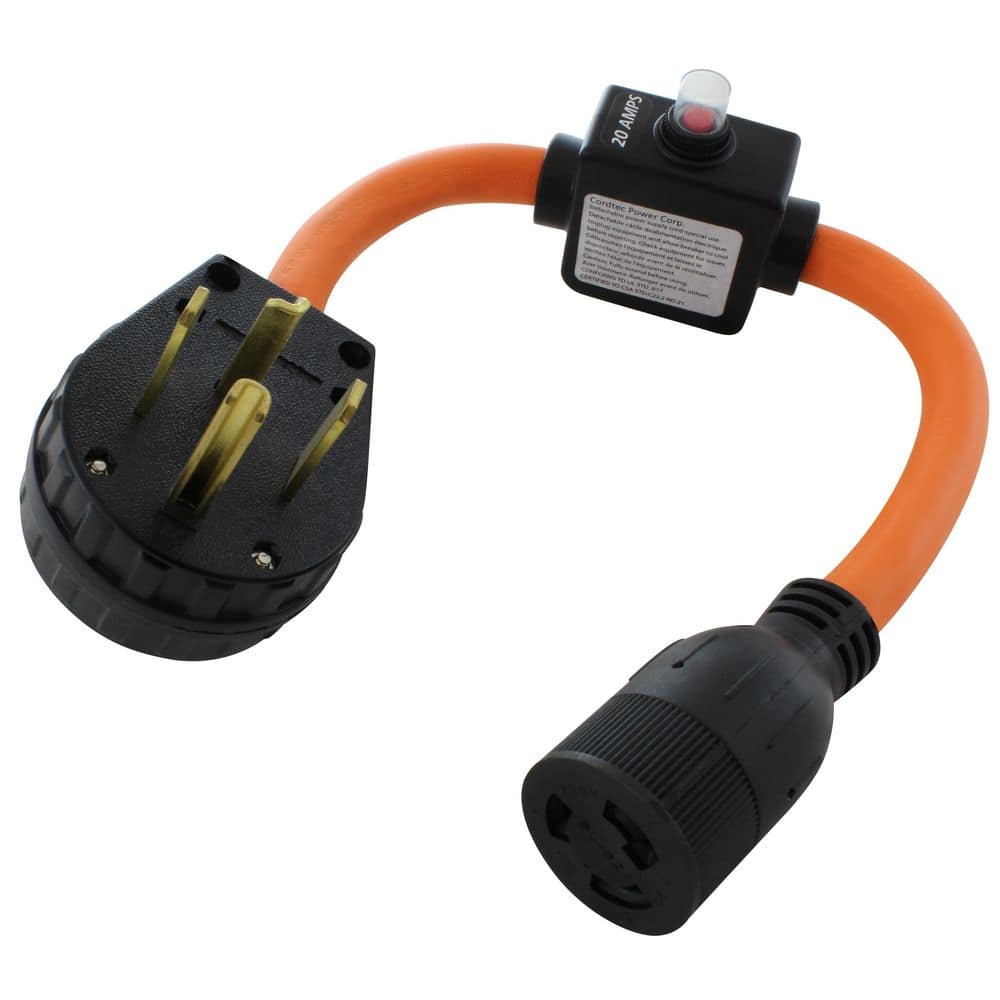 AC WORKS 30A 4-Prong 14-30P Dryer Plug to L6-20 Outlet with 20A Inline Breaker 1.5 ft. 10 / 3 STW Indoor/Outdoor Cord in Orange (1)