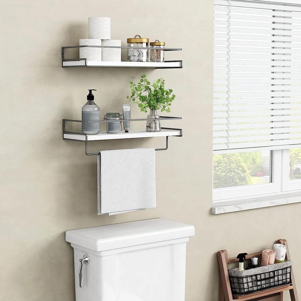 Adrinfly 16 in. W x 3 in. H x 6 in. D Wood Rectangular White Decorative Shelves w Towel Rack, Floating Shelf for Bathroom Kitchen (2)