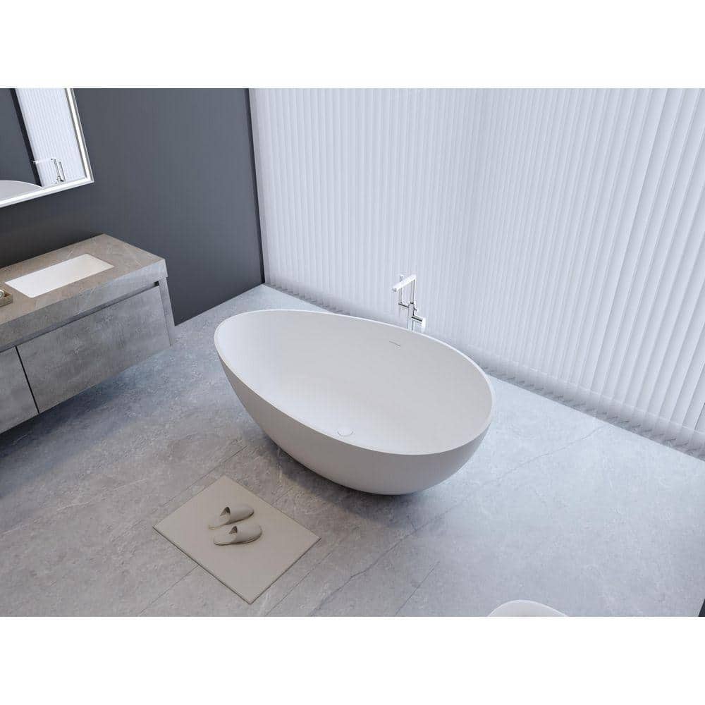 NTQ 63 in. x 37.5 in. Solid Surface Soaking Bathtub with Center Drain Free Standing Flat Bottom Classic Oval Shape in White (3)
