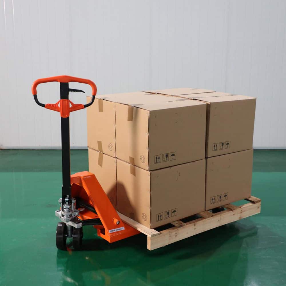 TORY CARRIER Orange 5,500 lbs. Industrial Pallet Truck 48 x 27 in. Manual Pallet Jack w/ 3.0 in. Fork Lowered Height and Nylon Wheels (2)