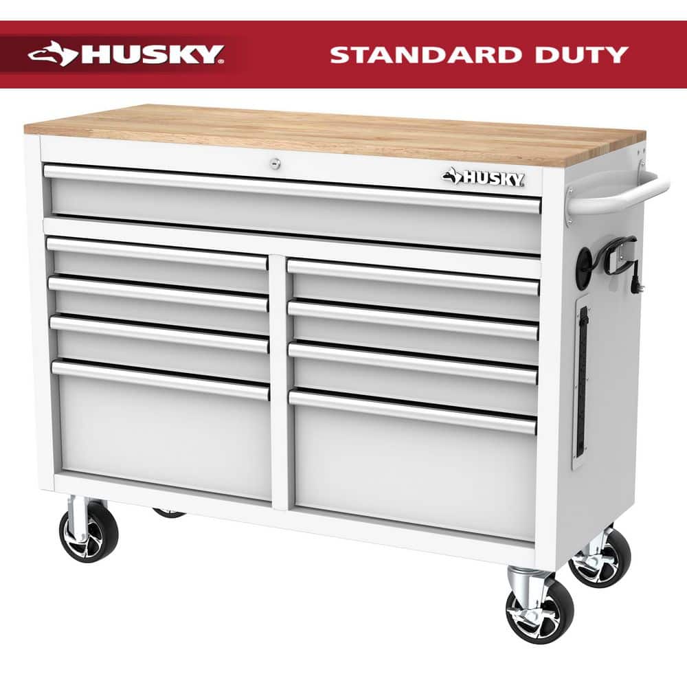 Husky Tool Storage 46 in. W x 18 in. D 9-Drawer Gloss White Mobile Workbench Cabinet