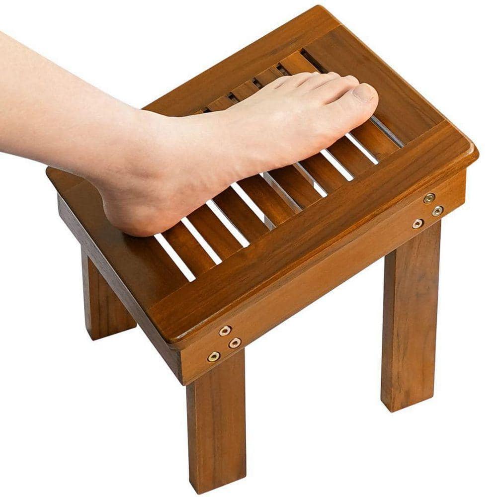 Dracelo 11.8 in. D x 10 in. W x 11.8 in. H Teak Wood Bathroom Shower Bench Seat with Storage Shelf (1)