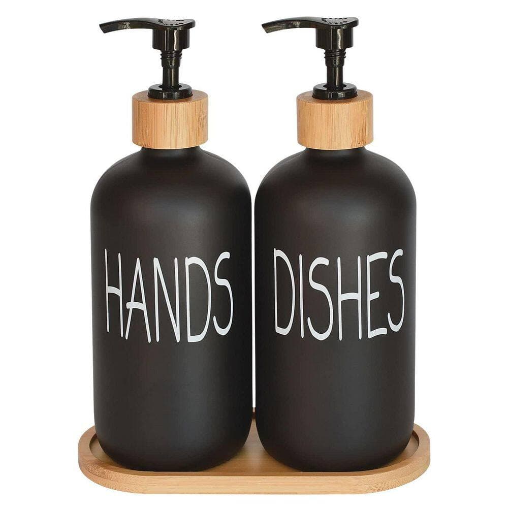 Wudkey Glass Soap Dispenser Set with Stylish Permanent Labels and Bamboo Tray, Vintage Pump for Kitchen Sink Bathroom (2)