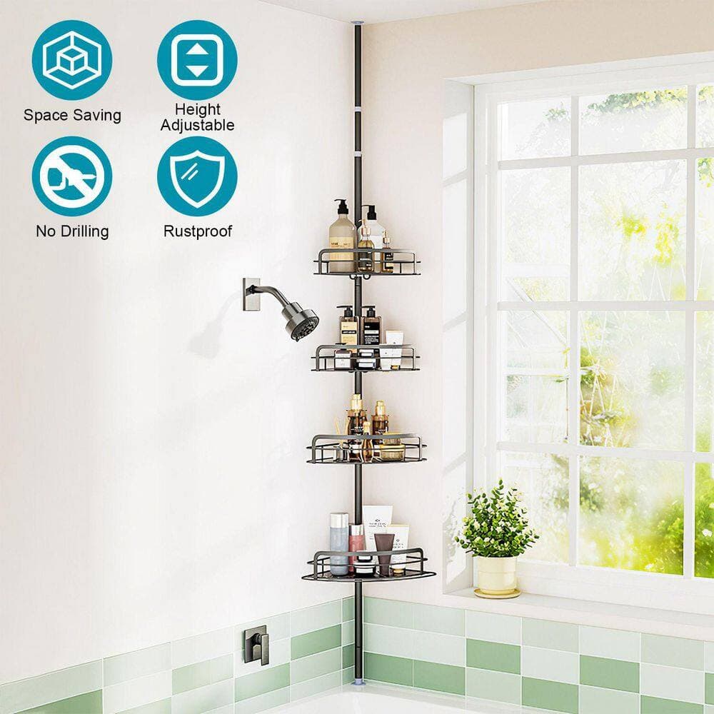 Unbranded Tension Pole Corner Shower Caddy in Black, Rust-Resistant Bathroom Organizer, Drill-Free, Height Adjustable (3)