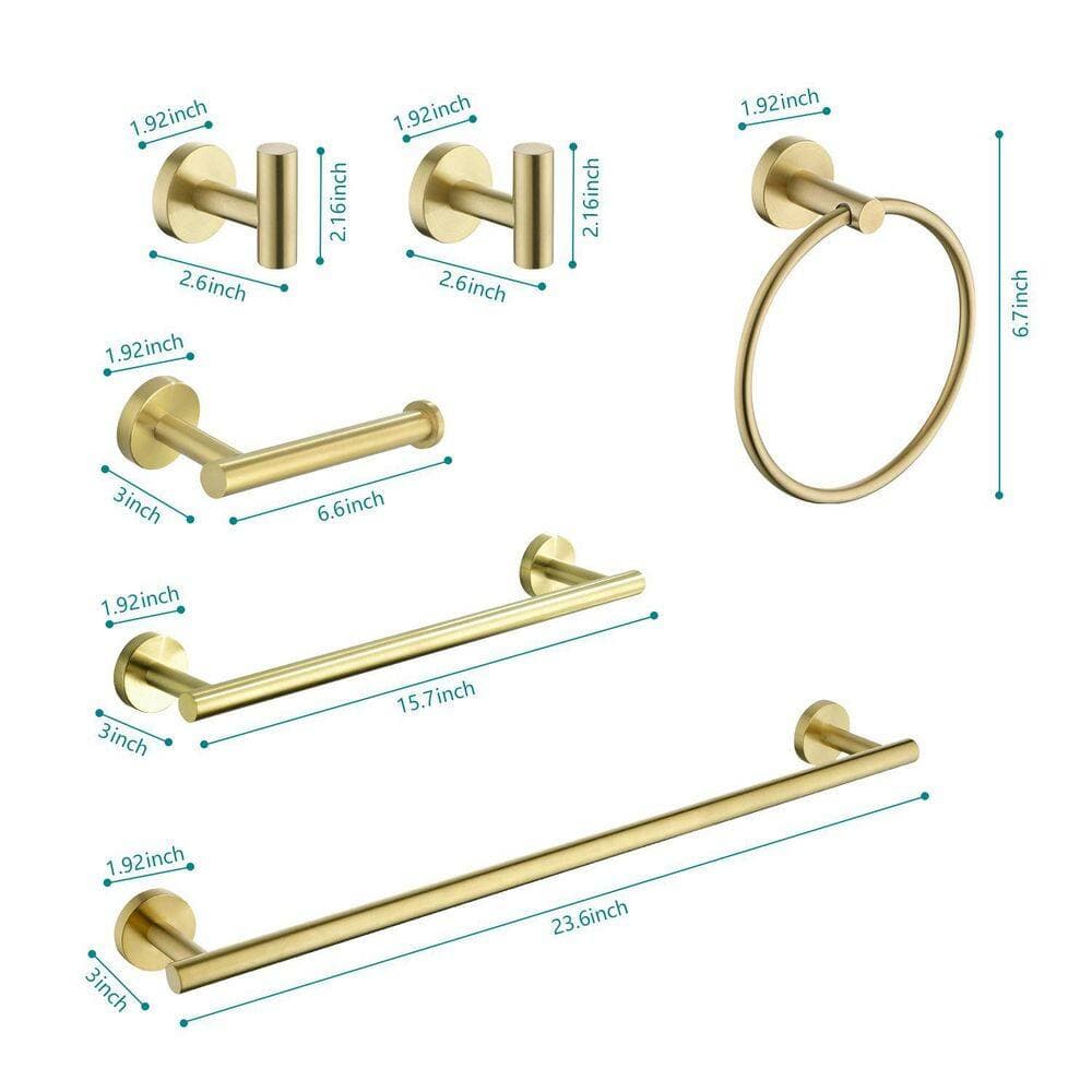 LIVACA 6-Piece Bathroom Hardware Set with Towel Bar, Paper Holder and Hooks in Brushed Gold Stainless Steel (2)