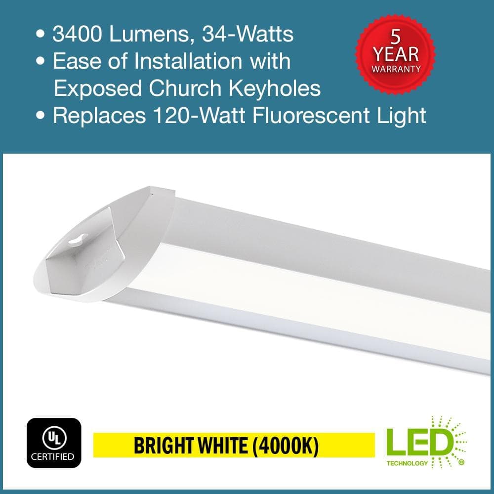 Commercial Electric 1-Pack 44 in. 3400 Lumens Easy Install LED Wraparound Light Fixture 120V Bright White 4000K Garage Lighting Closet Light (4)