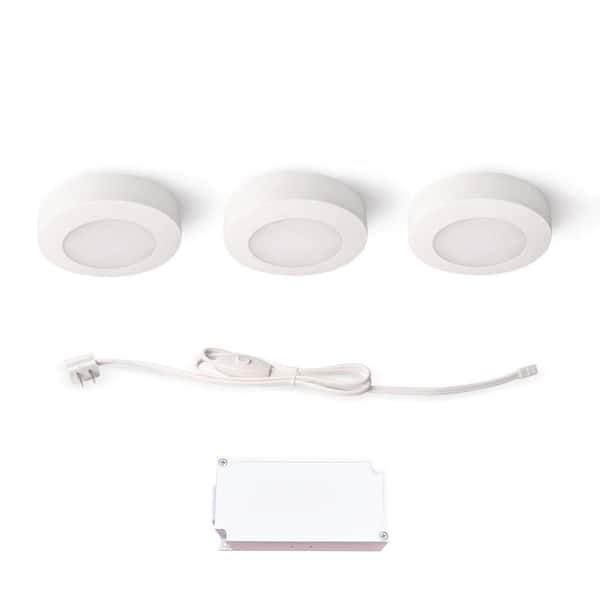 Commercial Electric Plug-In 3-Light White Dimmable Color Changing Integrated LED 5 CCT Under Cabinet Puck Light with J-box