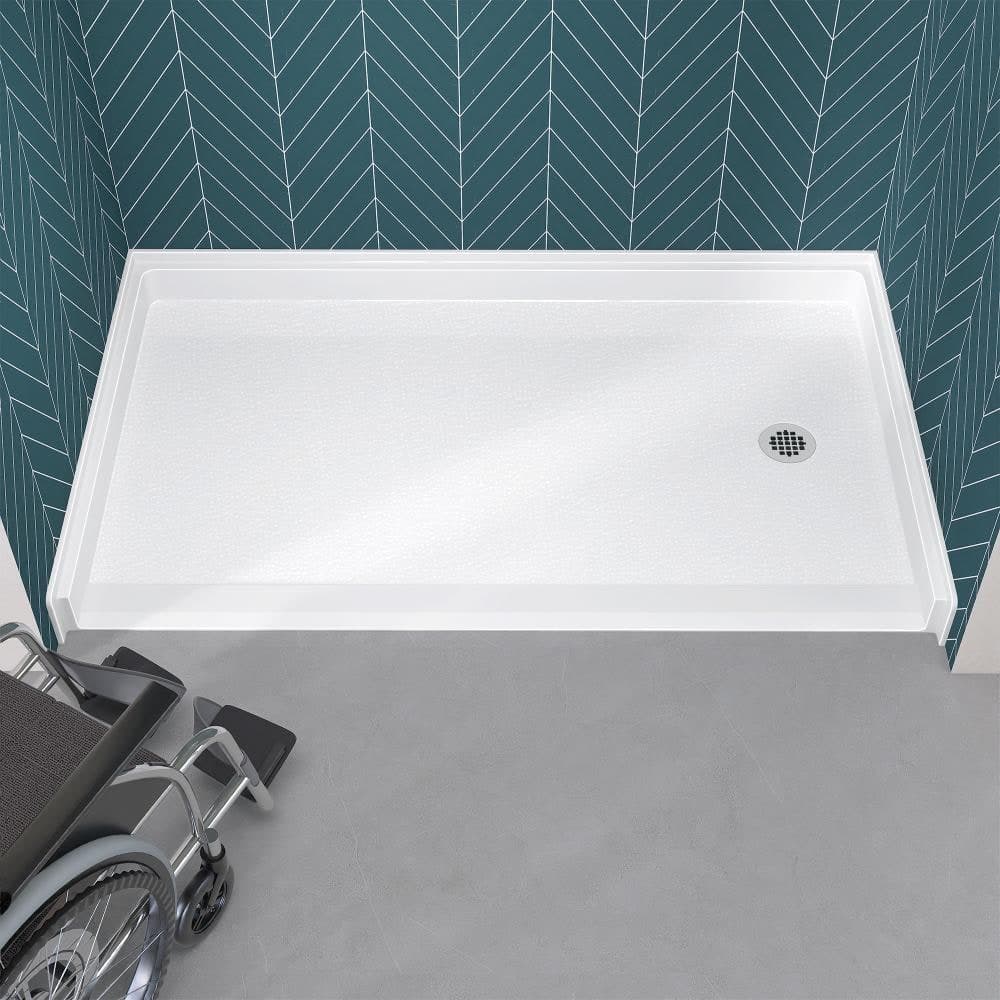 NTQ 60 in. L x 36 in. W Acrylic Single Threshold Shower Pan Alcove Rectangular ADA Shower Pan Base with Right Drain in White (1)