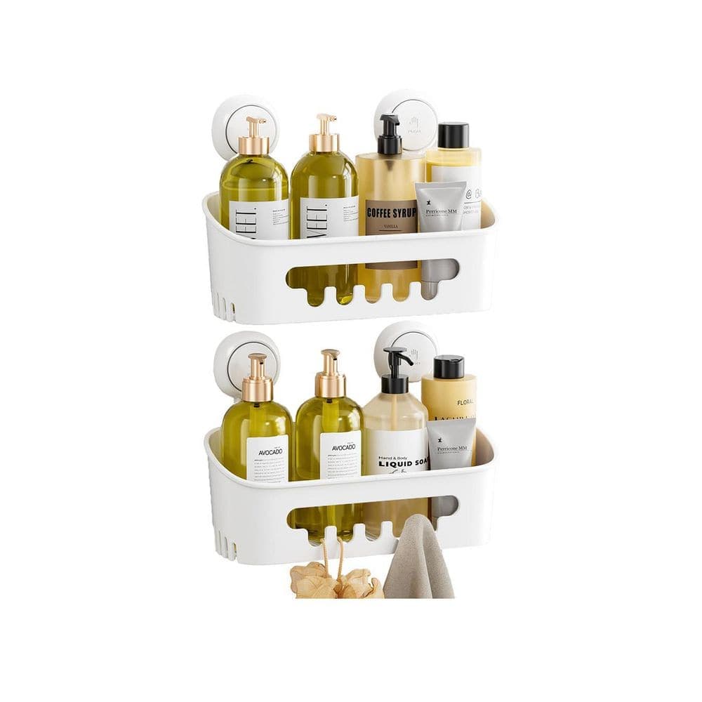 Unbranded 12.01in L 8.23in H ABS Suction Mount Shower Shelf White Removable Heavy Duty Waterproof Organizer Fast Draining 2 Pack (1)