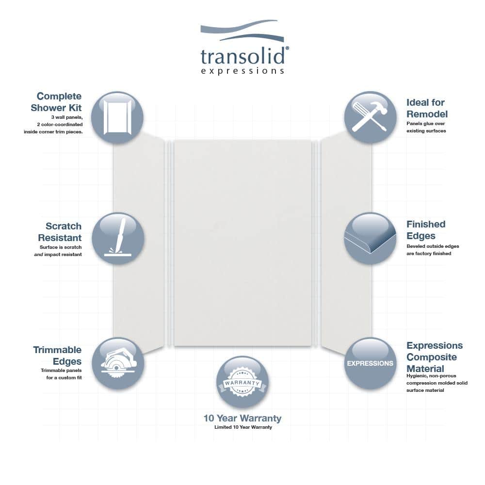 Transolid Expressions 48 in. x 48 in. x 72 in. 3-Piece Easy Up Adhesive Alcove Shower Wall Surround in Grey (3)