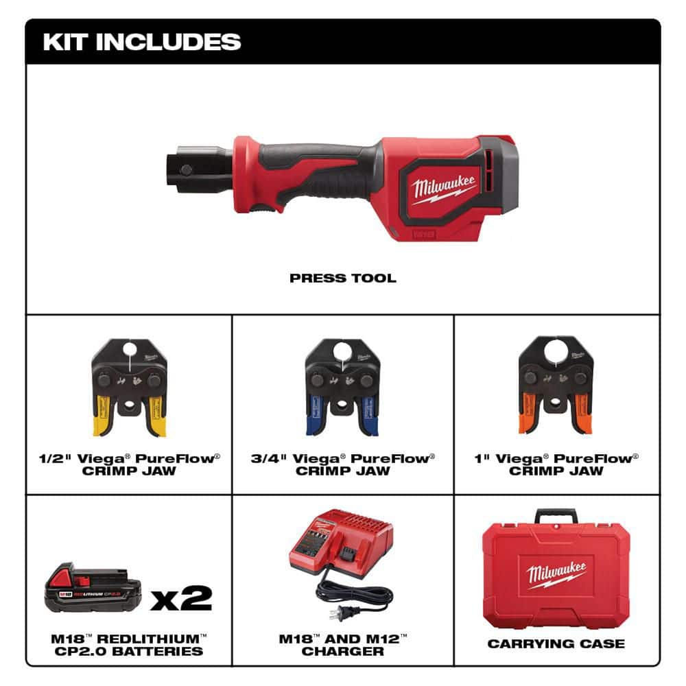 Milwaukee M18 18V Lithium-Ion Cordless Short Throw PEX Press Tool Kit w/ (3) Viega PureFlow Jaws,(2) 2.0Ah Batteries & Charger (2)