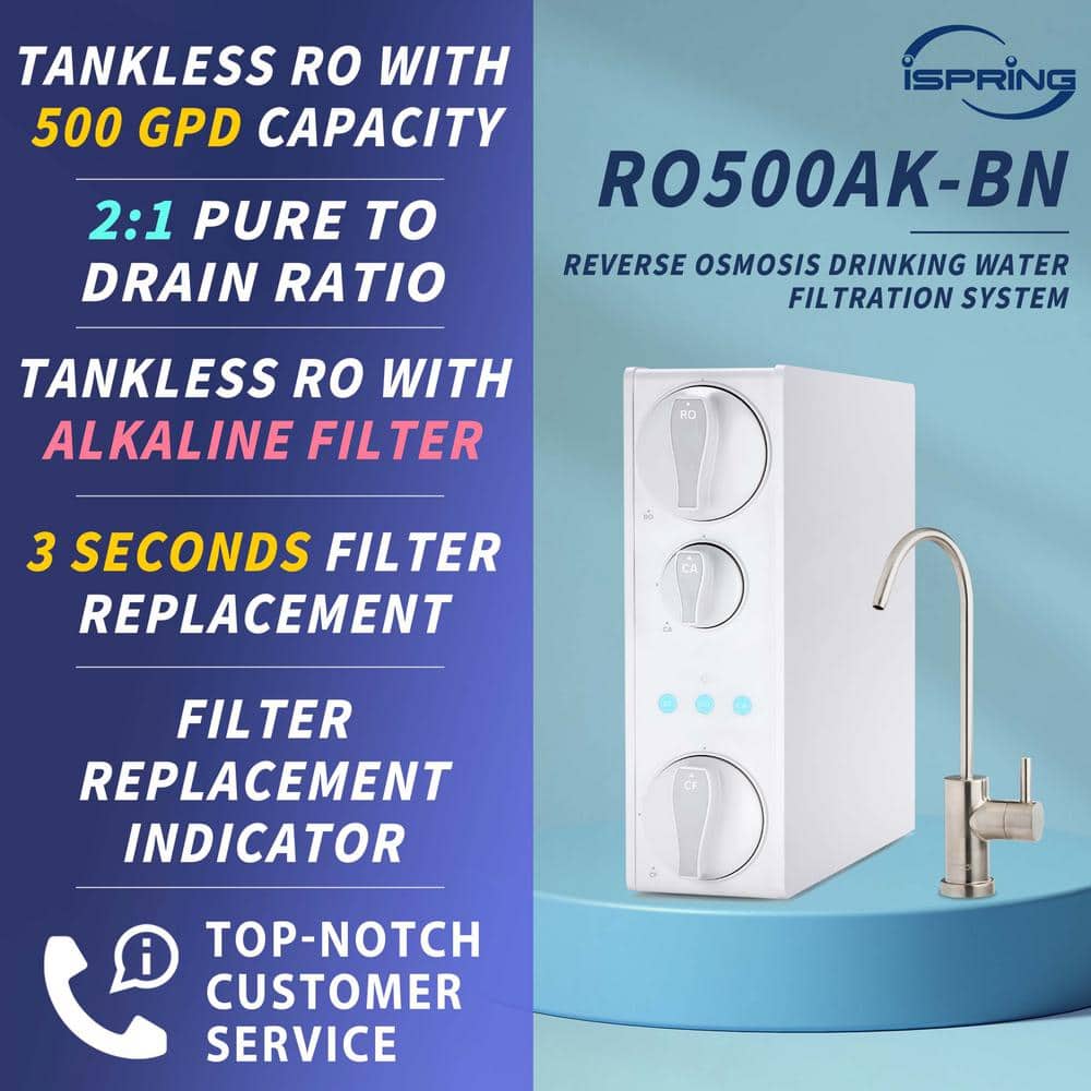 ISPRING NSF-Certified Alkaline 500 GPD Under Sink Tankless RO Water Filter System, Reduces PFAS, Lead, Fluoride, Nickel Faucet (2)