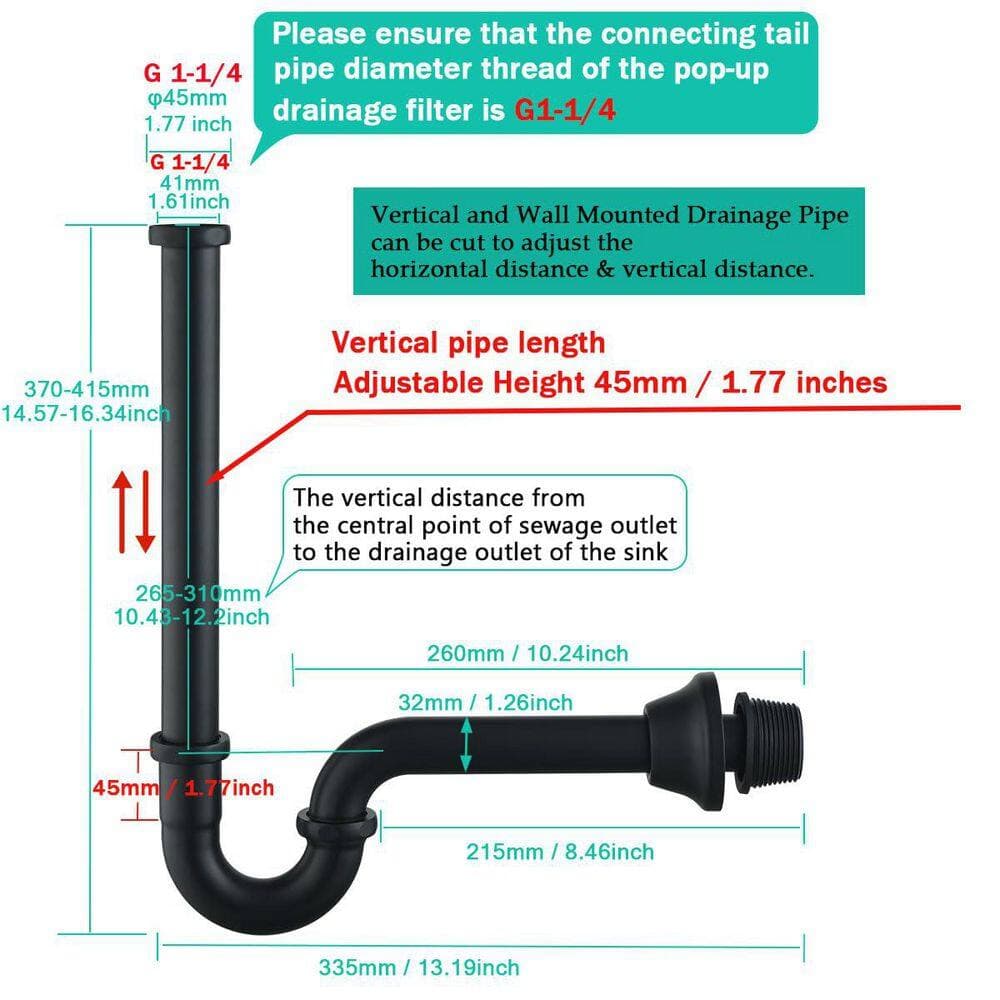 Wudkey 1-Piece Brass P Trap U Shape in Matte Black, 1 1/4 in. Sink Drain Pipe with Slip Joint Extension Tub Included (2)