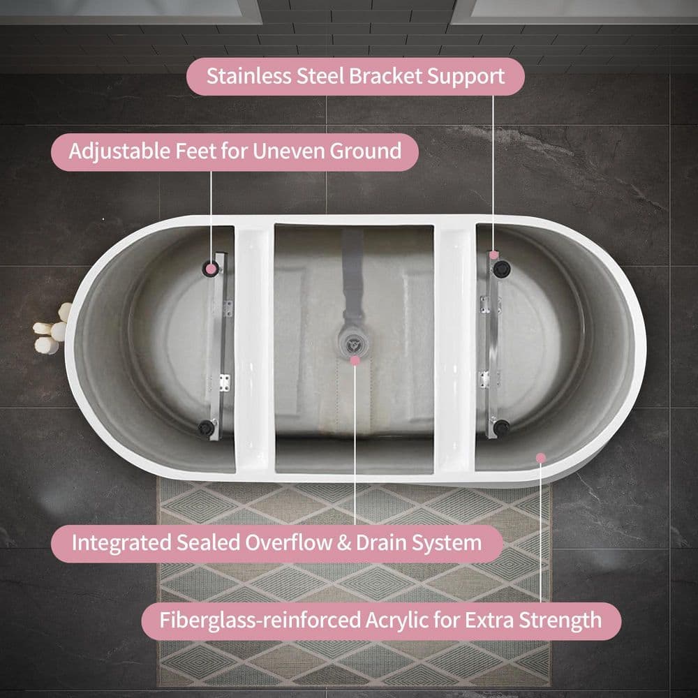 JimsMaison 55 in. W. x 28 in. Acrylic Flatbottom Freestanding Soaking Bathtub in White (3)